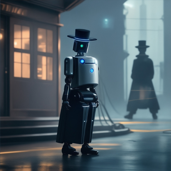 A Victorian era themed detective AI robot looks at you. A shadow figure stands in the background, turned away.
