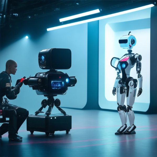 An AI robot at a television studio being filmed by a human.