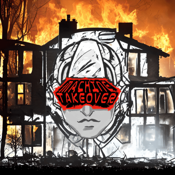 Machine Takeover logo surrounded by burning house